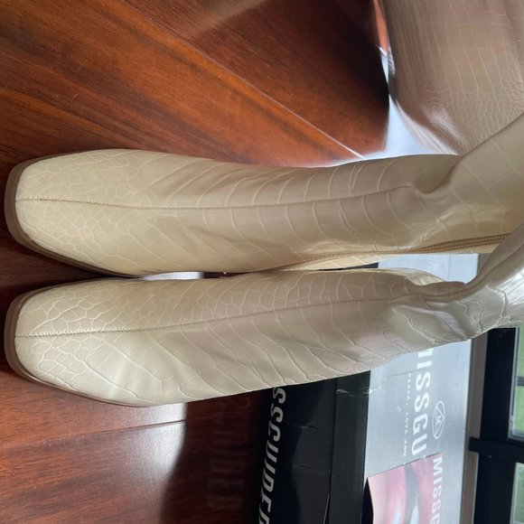 Cream Mock Croc Square Toe Heeled Over The Knee Boots - Picture 3 of 10